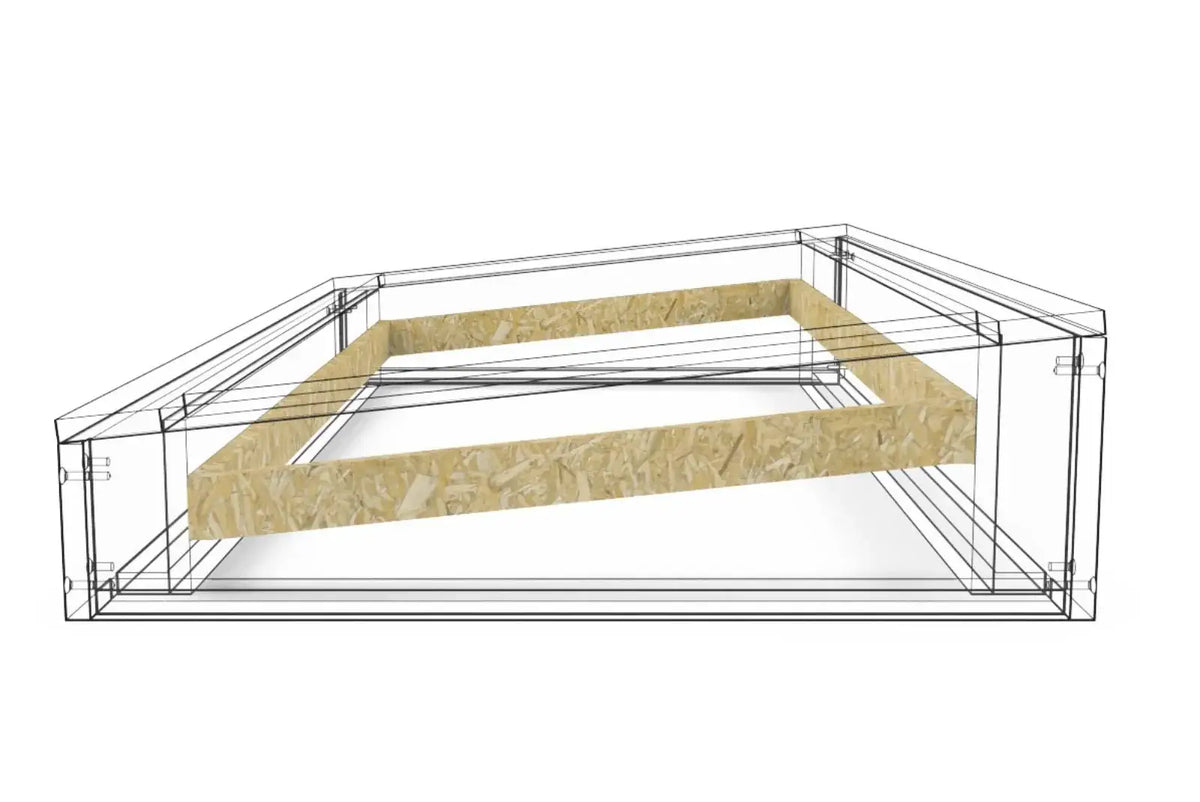 Zeichnung Aufsatzkranz mit Gefälle unter einem Flachdachfenster, transparente Darstellung