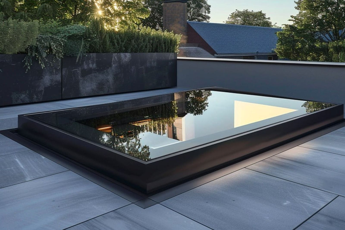 Gerahmtes Dachfenster auf einer Dachterrasse mit Steinplatten im Abendlicht