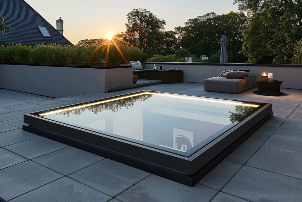 Gerahmtes Dachfenster auf einer Dachterrasse bei Sonnenuntergang, Aufkantung im Plattenbelag
