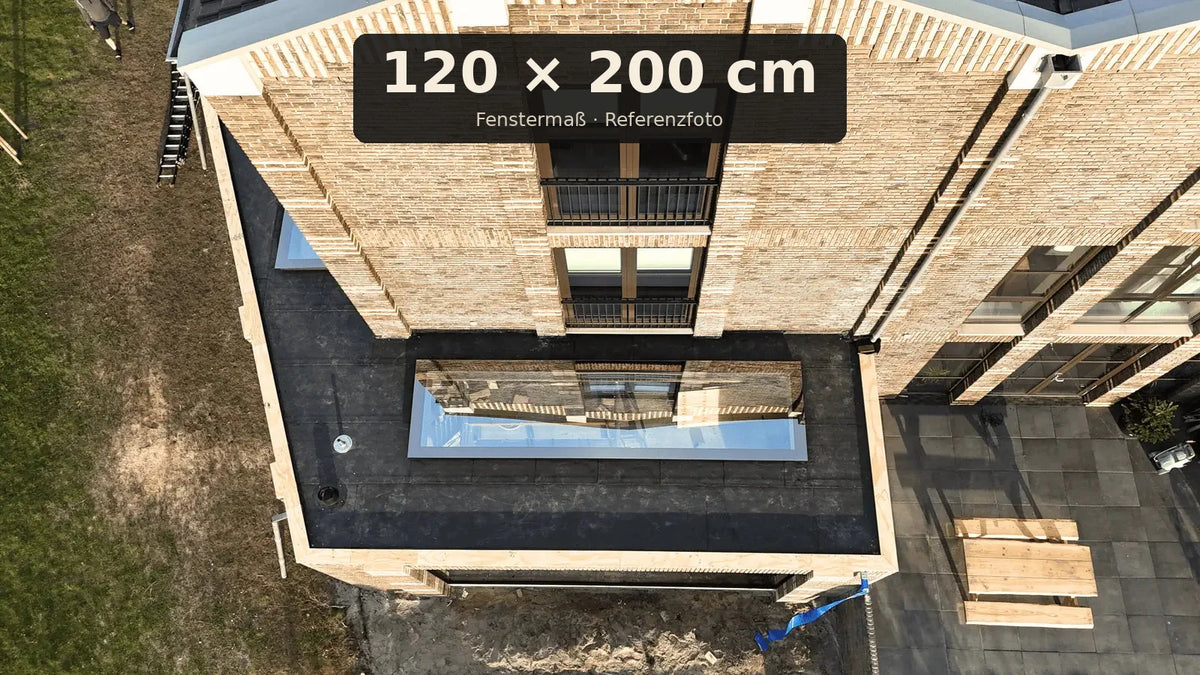 Dachfenster Flachdach 120 × 200 cm rahmenlos festverglast – Größenangabe auf Referenzfoto, SkyGlas