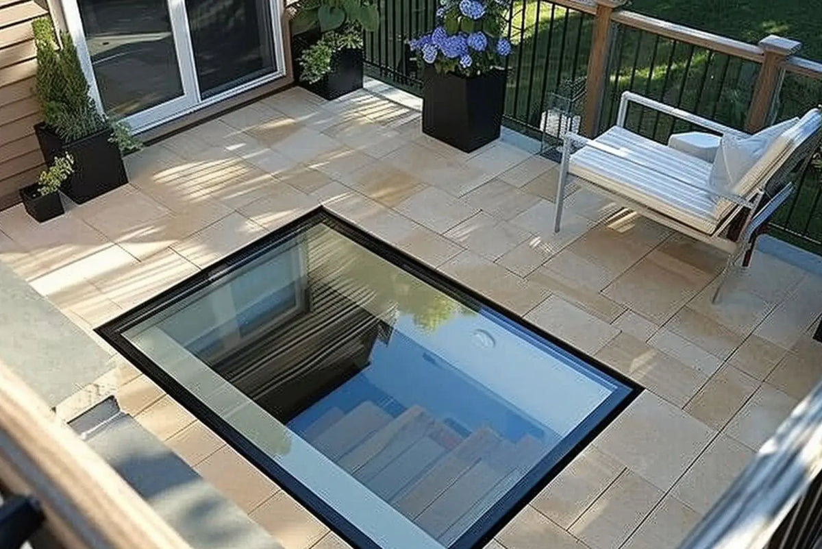 Gerahmtes begehbares Glas in einer Dachterrasse, darunter Blick auf eine Treppe