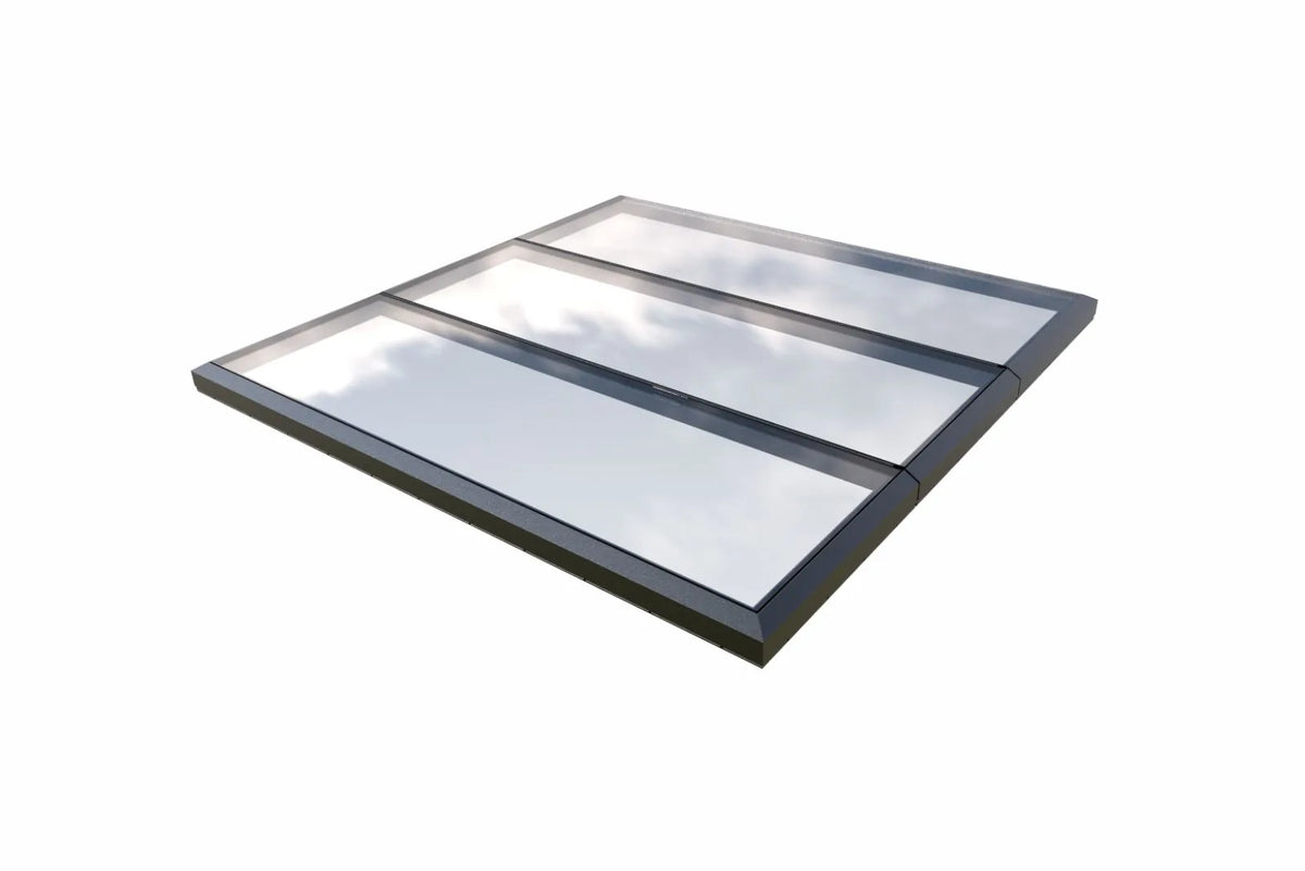 Modulares Dachfenster 300 × 300 cm gerahmt, drei feste Glasfelder, Produktansicht