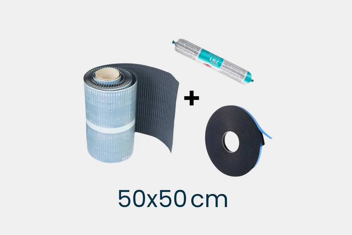 Montageset 50 × 50 cm für Dachfenster Schrägdach Ziegel: Dichtstoff, Verglasungsband, Anschlussband